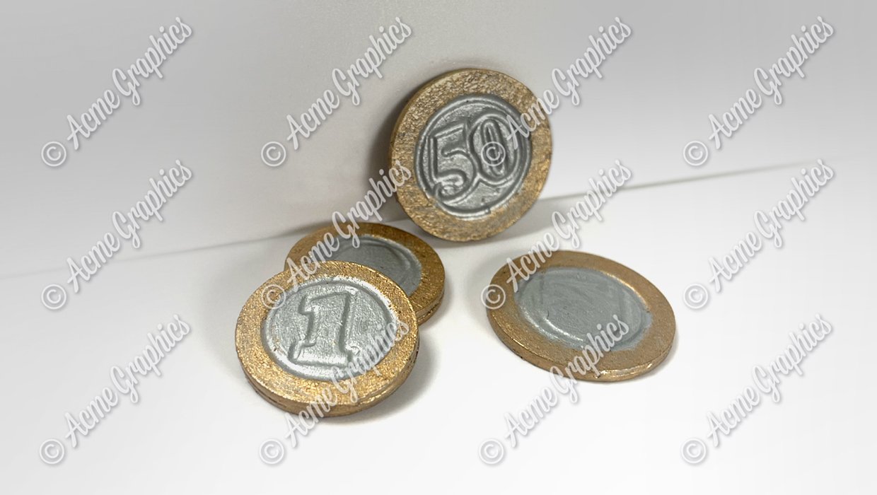 Metal coin props made from foamex