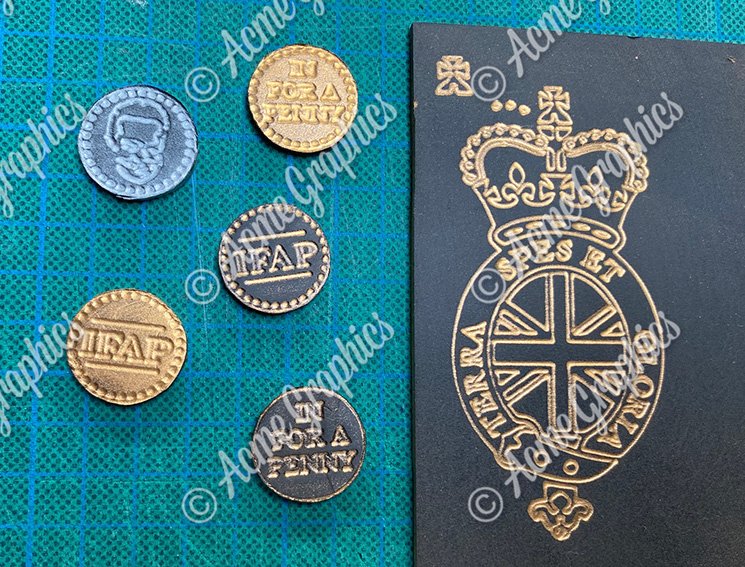 Prop coins and mock engraving