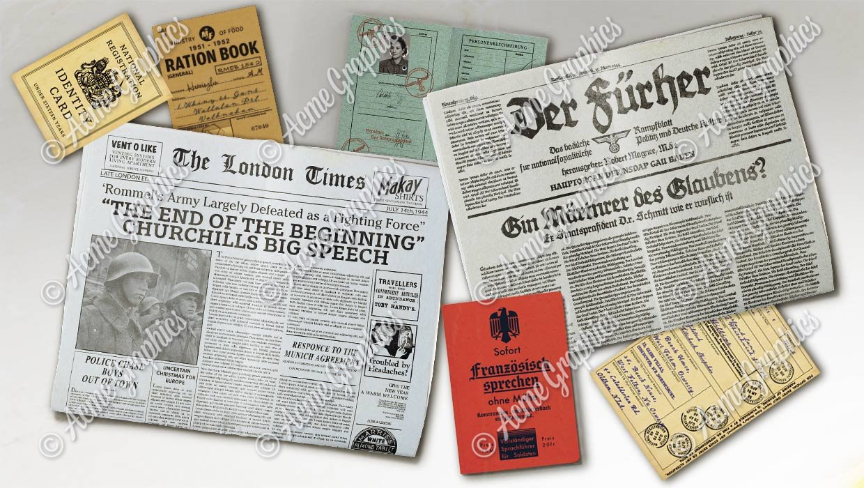 Prop design of documents and newspapers from ww2