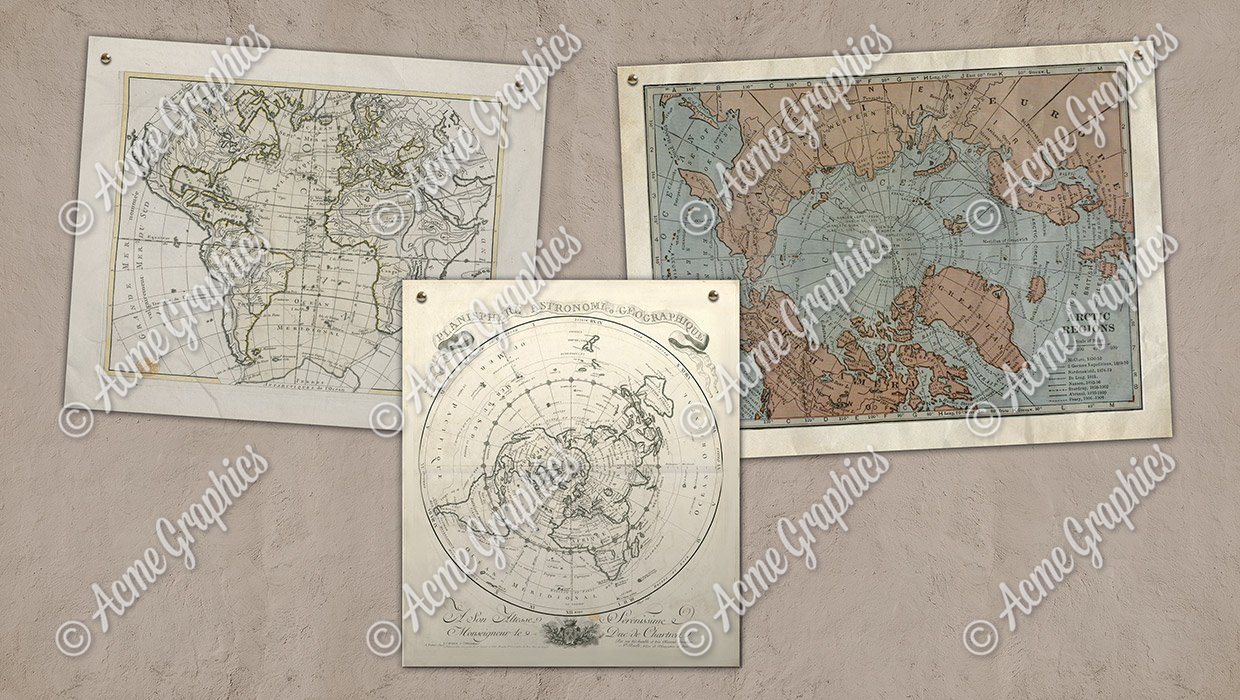 three vintage world maps on a wall